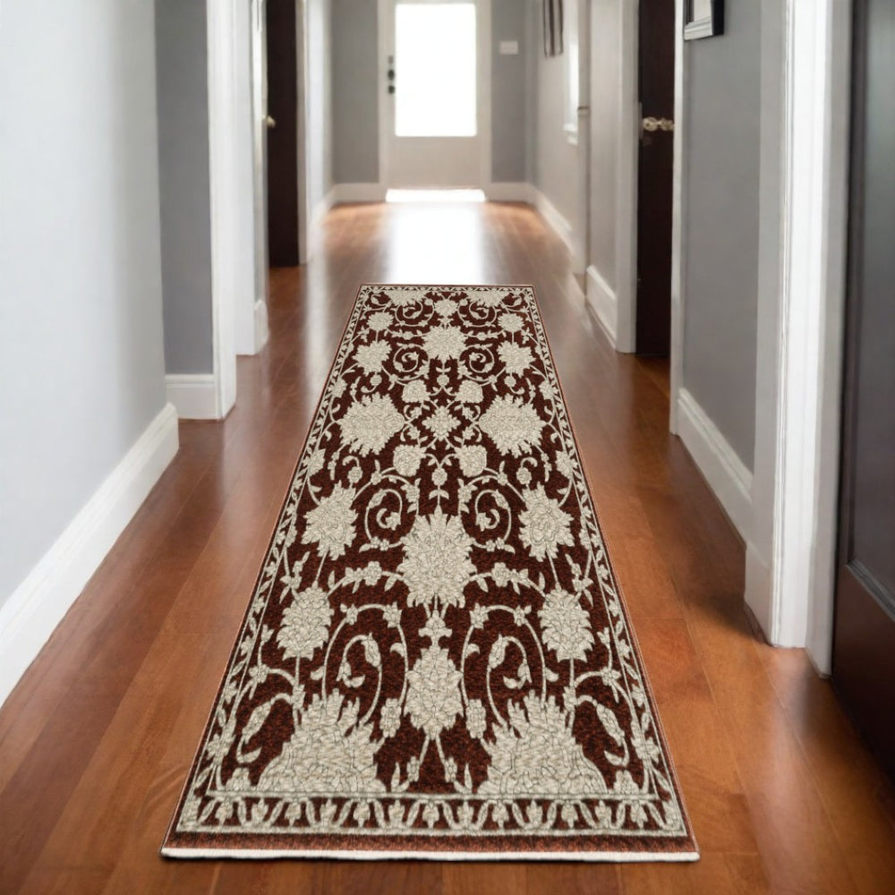 HomeRoots 10' Beige Floral Area Rug with Elegant Fringed Edges – Durable, Stain-Resistant Design for Homes 8' Runner 575695