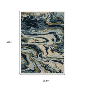 Homeroots 5' Artistry Navy Blue And Teal Abstract Area Rug With Fringe - Stylish, Stain Resistant Design For Kids 3' X 5' Polyester 575698