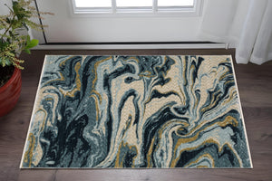 Homeroots 5' Artistry Navy Blue And Teal Abstract Area Rug With Fringe - Stylish, Stain Resistant Design For Kids 3' X 5' Polyester 575698