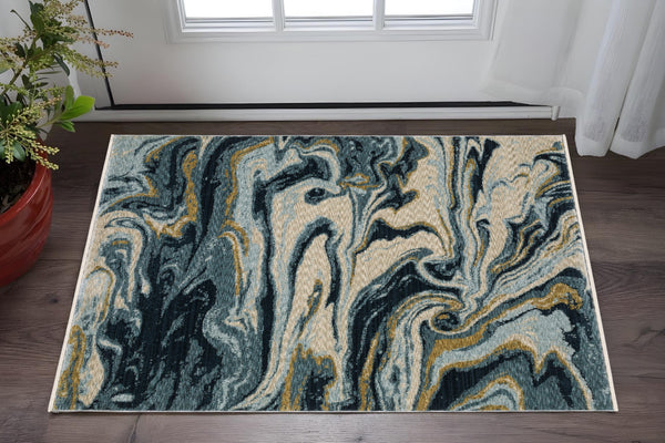 Homeroots 5' Artistry Navy Blue And Teal Abstract Area Rug With Fringe - Stylish, Stain Resistant Design For Kids 3' X 5' Polyester 575698