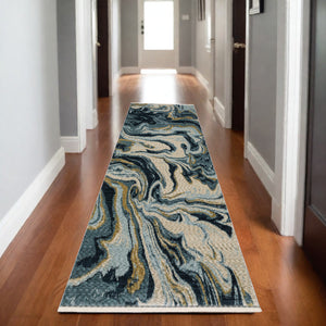Homeroots 5' Artistry Navy Blue And Teal Abstract Area Rug With Fringe - Stylish, Stain Resistant Design For Kids 8' Runner Polyester 575699