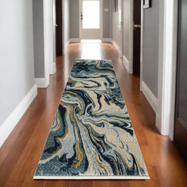Homeroots 5' Artistry Navy Blue And Teal Abstract Area Rug With Fringe - Stylish, Stain Resistant Design For Kids 8' Runner Polyester 575699