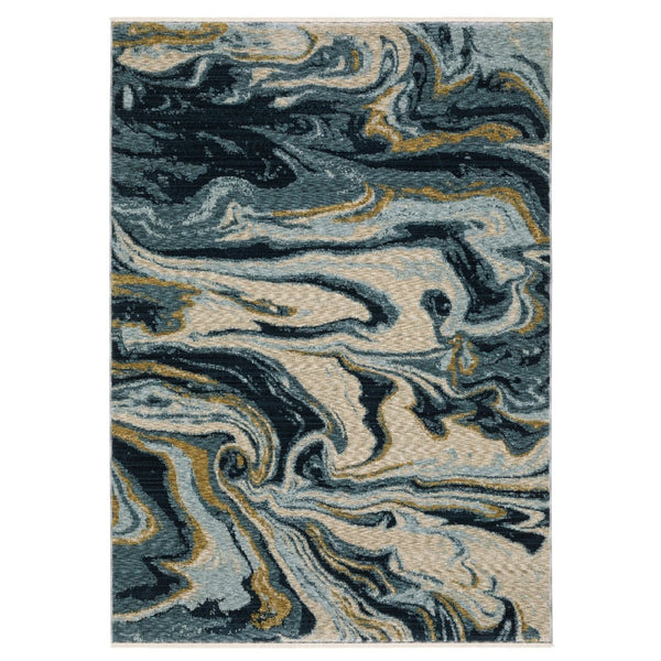 HomeRoots 5' Modern Navy Blue and Teal Abstract Area Rug with Fringe - Stylish, Durable, Stain-Resistant Design 8' Runner 575699