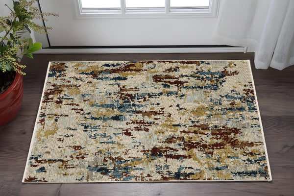 Homeroots 5' Beige Abstract Power Loom Area Rug With Fringe – Stain Resistant, Stylish Design For Any Space 3' X 5' Polyester 575700