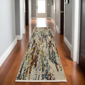 Homeroots 5' Beige Abstract Power Loom Area Rug With Fringe – Stain Resistant, Stylish Design For Any Space 8' Runner Polyester 575701