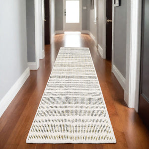 Homeroots 5' Elegant Ivory And Gold Striped Power Loom Area Rug - Stain Resistant, Perfect For Any Decor 8' Runner Polyester 575703
