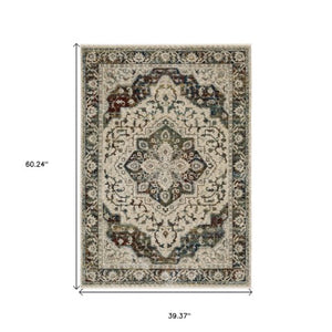 Homeroots 5' Ivory Brown And Red Medallion Area Rug With Fringe – Stain Resistant, Stylish Addition To Any Room 3' X 5' Polyester 575712