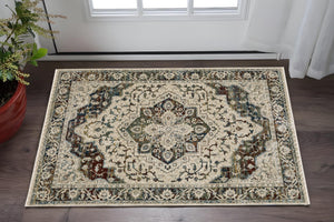 Homeroots 5' Ivory Brown And Red Medallion Area Rug With Fringe – Stain Resistant, Stylish Addition To Any Room 3' X 5' Polyester 575712