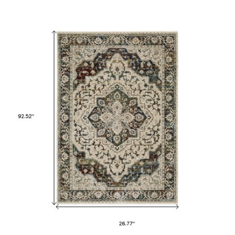 Homeroots 5' Ivory Brown And Red Medallion Area Rug With Fringe – Stain Resistant, Stylish Addition To Any Room 8' Runner Polyester 575713