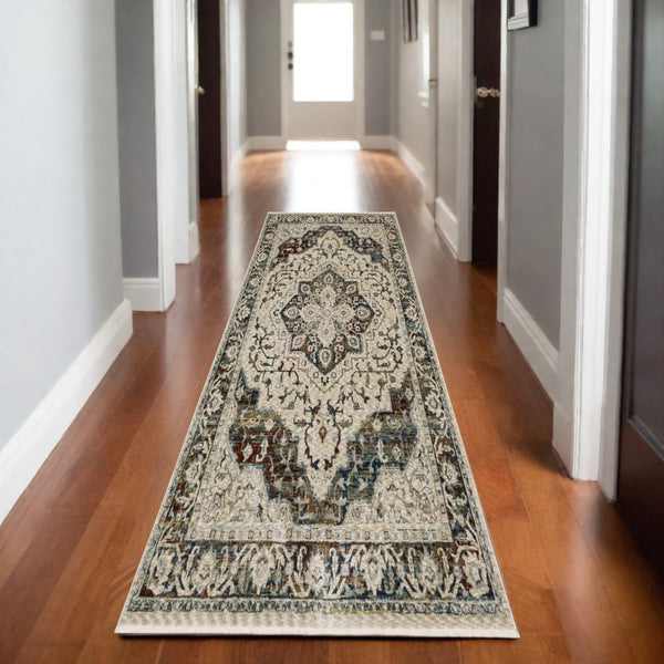Homeroots 5' Ivory Brown And Red Medallion Area Rug With Fringe – Stain Resistant, Stylish Addition To Any Room 8' Runner Polyester 575713