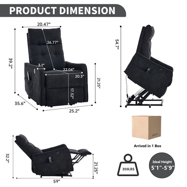 English Elm Beige Chenille Power Lift Recliner with Massage Heat and Usb for Senior Comfort Black W1803P369081
