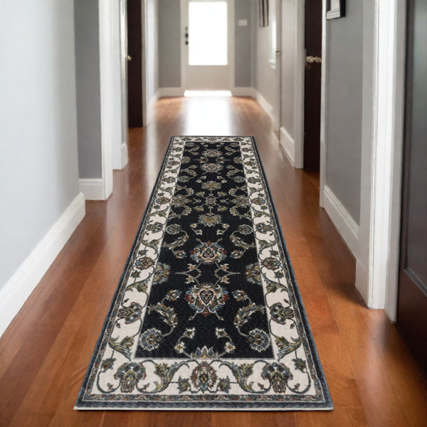 Homeroots 4' Elegant Navy Blue Oriental Area Rug With Fringe - Stain Resistant, Perfect For Kids & Pets 8' Runner Polyester 575735