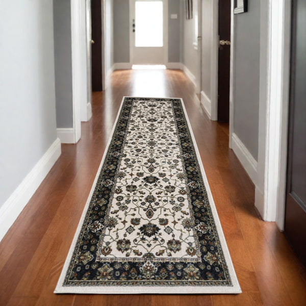 Homeroots 5' Ivory Oriental Area Rug With Fringe - Elegant Design, Stain Resistant, Perfect For Any Space 8' Runner Polyester 575736