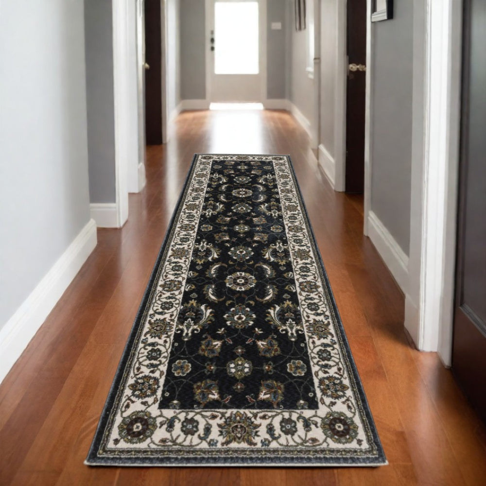 HomeRoots 5' Elegant Blue and Ivory Oriental Area Rug with Fringe - Cozy, Durable, and Stain-Resistant Design 8' Runner 575737