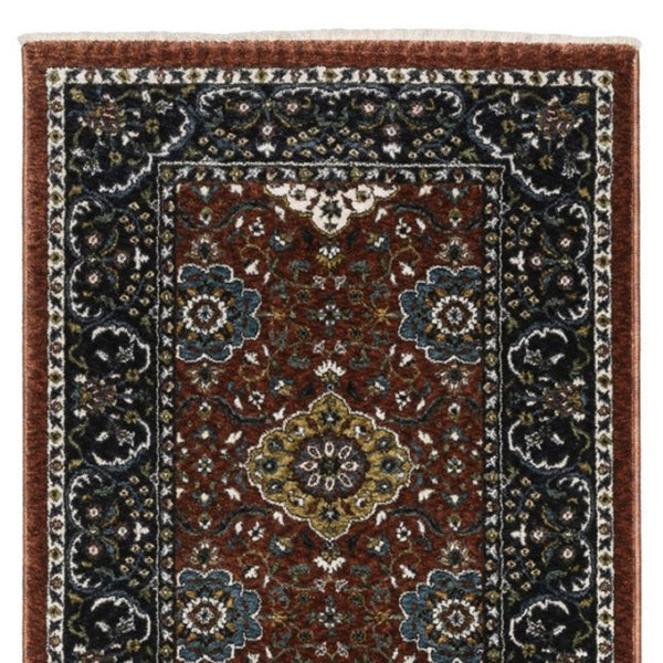 HomeRoots 5' Red Medallion Area Rug with Fringe - Elegant, Stain-Resistant Design for Stylish Living Spaces! 8' Runner 575738