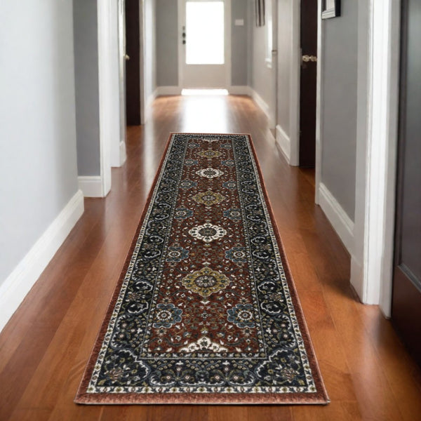 HomeRoots 5' Red Medallion Area Rug with Fringe - Elegant, Stain-Resistant Design for Stylish Living Spaces! 8' Runner 575738