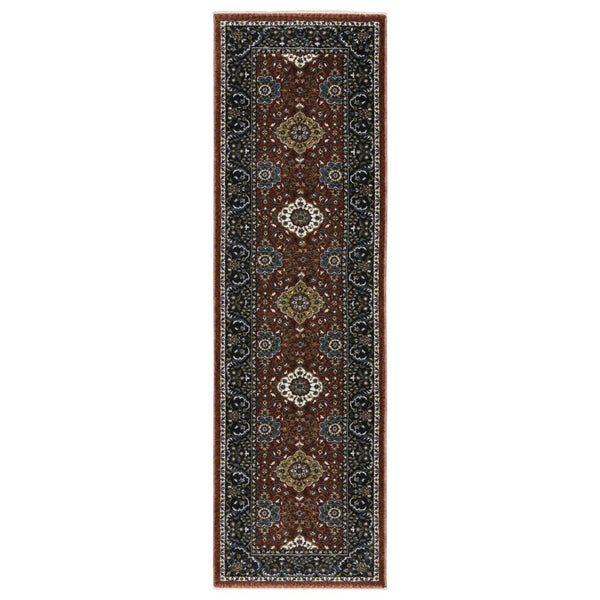 HomeRoots 5' Red Medallion Area Rug with Fringe - Elegant, Stain-Resistant Design for Stylish Living Spaces! 8' Runner 575738