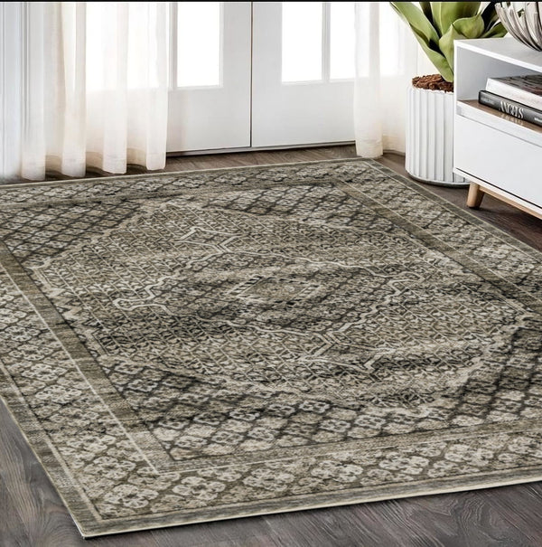 Homeroots 3' Gray Medallion Area Rug With Fringe – Stylish, Stain Resistant Design For Home & Pet Friendly Spaces 5' X 8' Polyester 575745