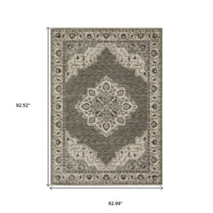 Homeroots 10' Charcoal Medallion Area Rug With Fringe – Stylish, Stain-resistant Design For Warm Interiors 5' X 8' Polyester 575747