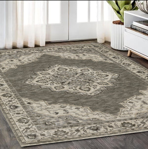 Homeroots 10' Charcoal Medallion Area Rug With Fringe – Stylish, Stain-resistant Design For Warm Interiors 5' X 8' Polyester 575747