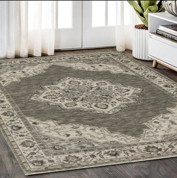 Homeroots 10' Charcoal Medallion Area Rug With Fringe – Stylish, Stain-resistant Design For Warm Interiors 5' X 8' Polyester 575747