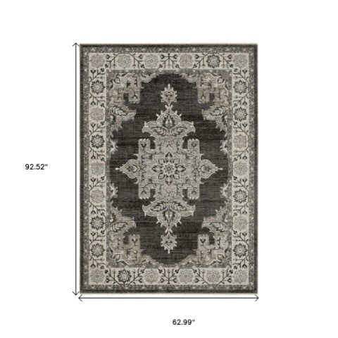Homeroots 3' Stylish Gray Medallion Area Rug With Fringe - Perfect For Homes With Kids And Pets, Stain Resistant 5' X 8' Polyester 575748