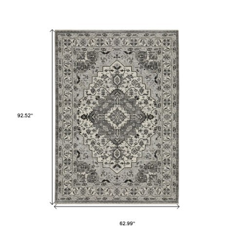 Homeroots 3' Gray Medallion Area Rug With Fringe – Stain Resistant, Stylish Design For Home Decor Warmth 5' X 8' Polyester 575749