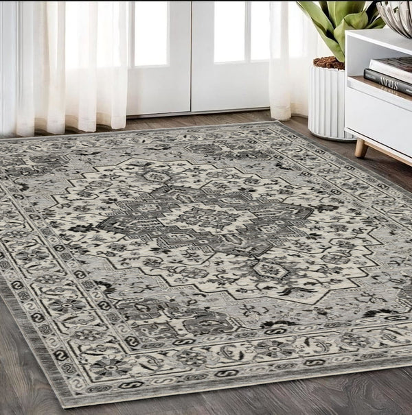 Homeroots 3' Gray Medallion Area Rug With Fringe – Stain Resistant, Stylish Design For Home Decor Warmth 5' X 8' Polyester 575749