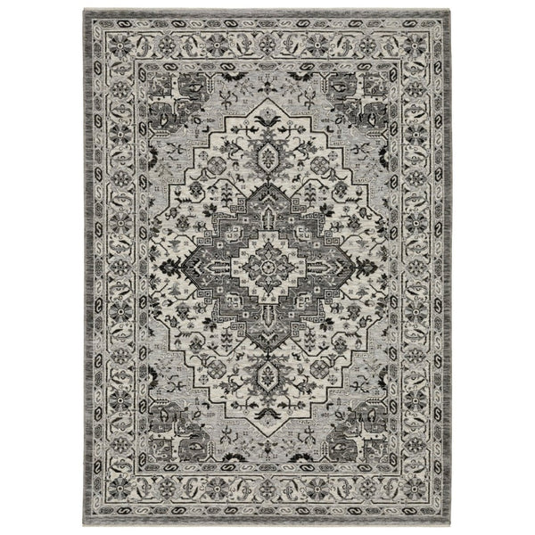 HomeRoots 3' Gray and Ivory Medallion Area Rug with Fringed Edges - Durable, Stain-Resistant for Timeless Style 5' X 8' 575749
