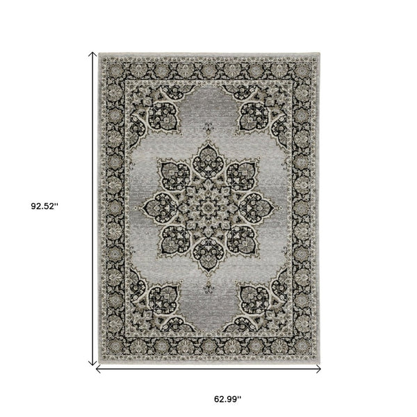 HomeRoots 3' Gray and Black Medallion Area Rug with Fringe - Timeless Design for Elegant and Cozy Spaces 5' X 8' 575750