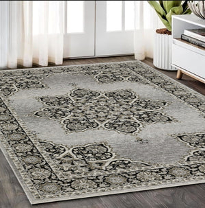 HomeRoots 3' Gray and Black Medallion Area Rug with Fringe - Timeless Design for Elegant and Cozy Spaces 5' X 8' 575750