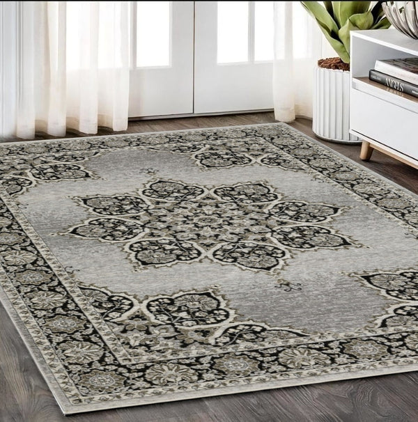 HomeRoots 3' Gray and Black Medallion Area Rug with Fringe - Timeless Design for Elegant and Cozy Spaces 5' X 8' 575750