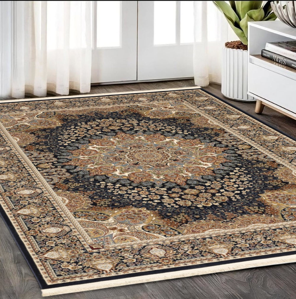 HomeRoots 5' Elegant Ivory Medallion Area Rug with Fringe – Durable, Stain-Resistant, Perfect for Any Room 5' X 8' 575759