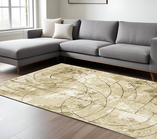 Homeroots 3' Artistic Beige Geometric Power Loom Area Rug - Stain Resistant, Perfect For Kids And Pets 7' X 10' Polypropylene,Polyester 575769