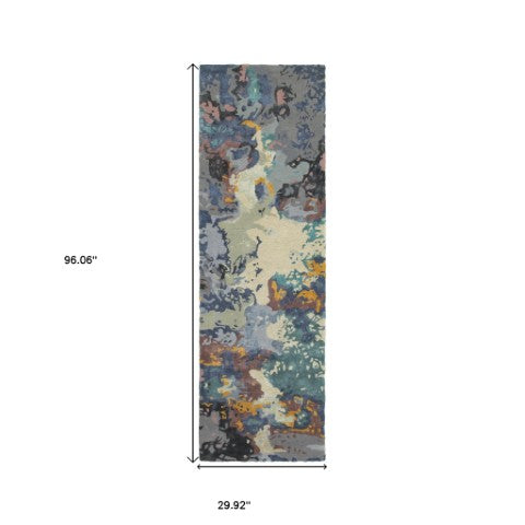 Homeroots 4' Abstract Blue Hand-tufted Area Rug - Elevate Your Living Space With Stylish Sophistication 8' Runner Wool Blend 575803