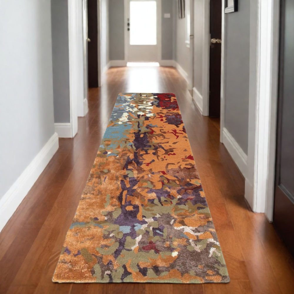 HomeRoots 4' Hand-Tufted Area Rug with Vibrant Orange, Ivory, and Teal Abstract Design for Modern Homes 8' Runner 575806