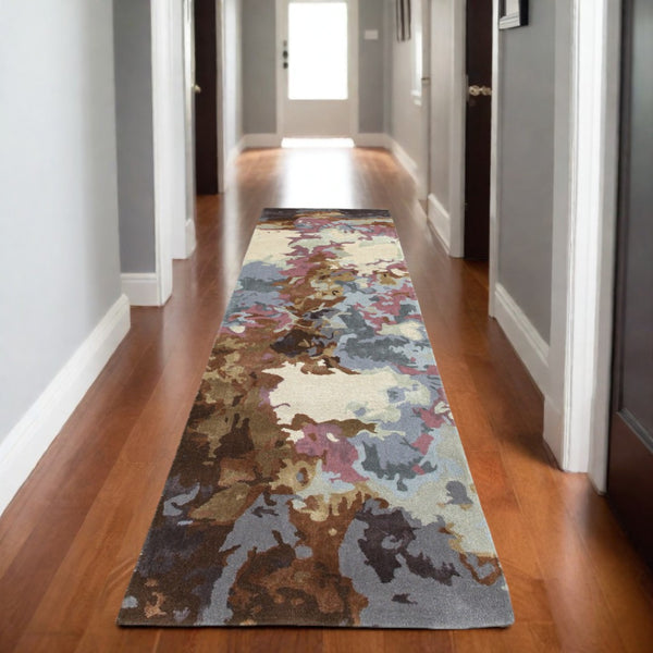 HomeRoots 8' Abstract Hand-Tufted Runner Rug in Blue and Brown - Elevate Your Space with Modern Elegance! 8' Runner 575809