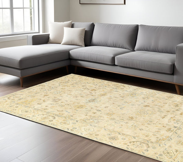 HomeRoots 6' Hand-Knotted Beige and Gray Wool Oriental Area Rug – Timeless Elegance for Any Room Decor 6' X 9' 575819