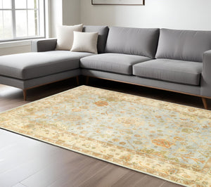 HomeRoots 6' Hand-Knotted Wool Oriental Area Rug in Blue and Sand - Durable, Timeless Design for Any Space 6' X 9' 575823