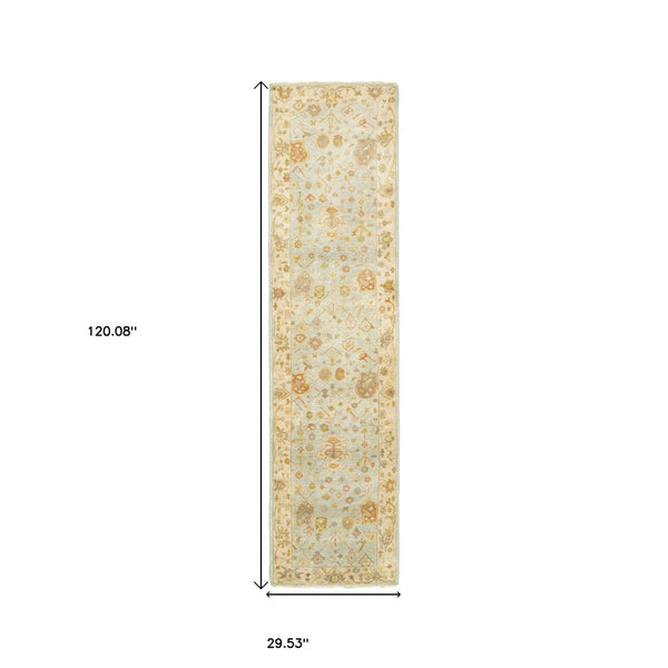 HomeRoots 6' Hand-Knotted Wool Oriental Area Rug in Blue and Sand - Durable, Timeless Design for Any Space 10' Runner 575824
