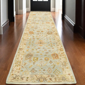 HomeRoots 6' Hand-Knotted Wool Oriental Area Rug in Blue and Sand - Durable, Timeless Design for Any Space 10' Runner 575824