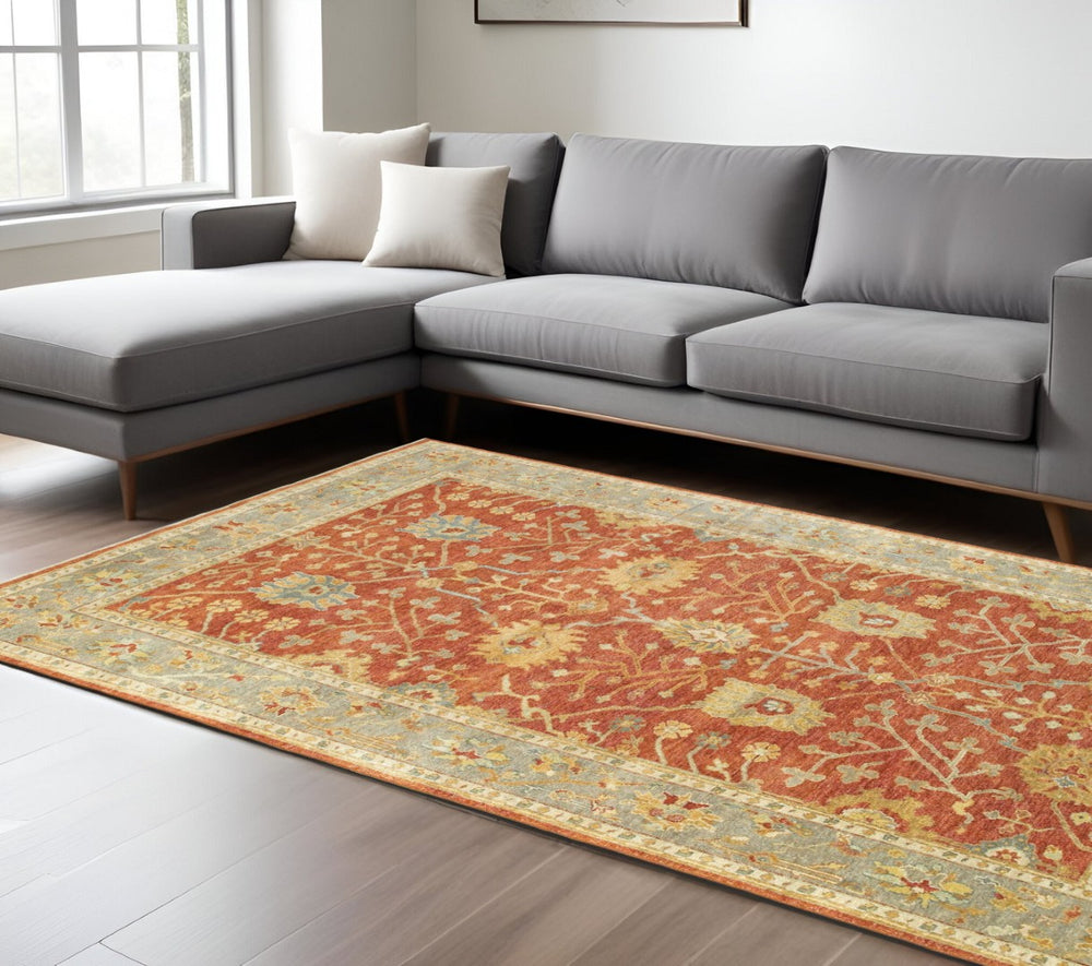HomeRoots 2' Timeless Red and Gray Hand-Knotted Wool Oriental Area Rug for Elegant Home Decor Accents 6' X 9' 575827