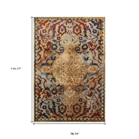 Homeroots 4' Gold Oriental Area Rug – Stylish Distressed Design, Stain Resistant For Homes With Kids & Pets 7' X 10' Polypropylene,Polyester 575831