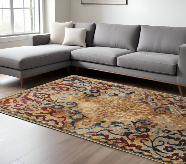 Homeroots 4' Gold Oriental Area Rug – Stylish Distressed Design, Stain Resistant For Homes With Kids & Pets 7' X 10' Polypropylene,Polyester 575831