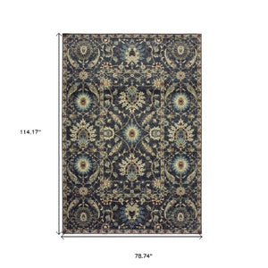 Homeroots 5' Ivory Oriental Area Rug With Navy Blue And Brown Accents – Stain Resistant For Stylish Homes 7' X 10' Polypropylene 575836