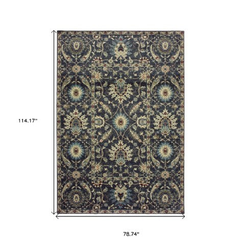 Homeroots 5' Ivory Oriental Area Rug With Navy Blue And Brown Accents – Stain Resistant For Stylish Homes 7' X 10' Polypropylene 575836