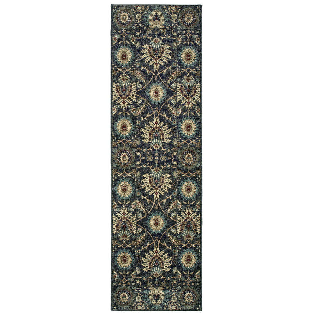 Homeroots 5' Ivory Oriental Area Rug With Navy Blue And Brown Accents – Stain Resistant For Stylish Homes 8' Runner Polypropylene 575837