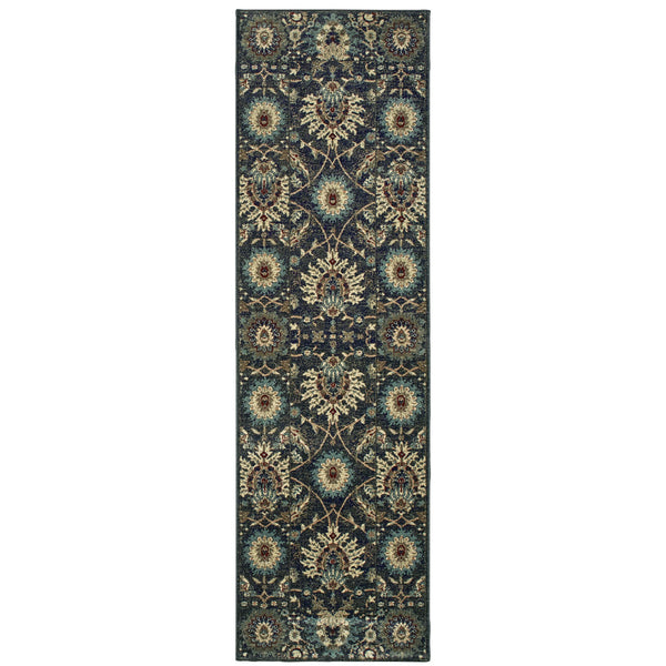 Homeroots 5' Ivory Oriental Area Rug With Navy Blue And Brown Accents – Stain Resistant For Stylish Homes 8' Runner Polypropylene 575837