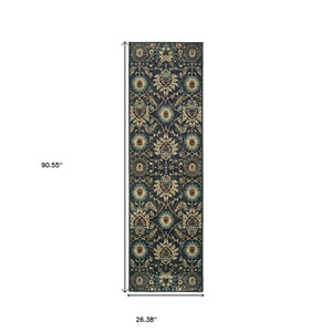 Homeroots 5' Ivory Oriental Area Rug With Navy Blue And Brown Accents – Stain Resistant For Stylish Homes 8' Runner Polypropylene 575837