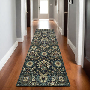 Homeroots 5' Ivory Oriental Area Rug With Navy Blue And Brown Accents – Stain Resistant For Stylish Homes 8' Runner Polypropylene 575837